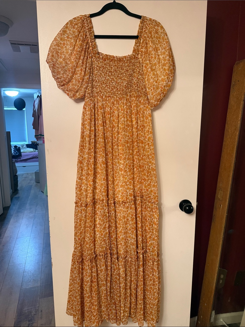Smocked Puff-Sleeve Maxi Dress in Mustard Floral Print